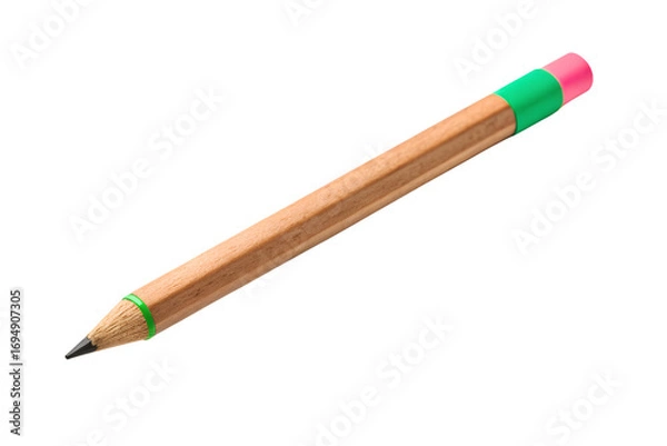 Obraz A simple, sharpened wooden pencil with a green and pink eraser, isolated on a pure white background, perfect for creative projects and educational purposes