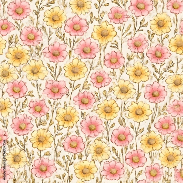 Obraz Vibrant Floral Pattern A Delicate Watercolor Design Featuring Pink and Yellow Flowers