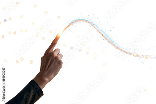 Obraz Abstract Digital Touch Hand Interacting with Light Stream on White Background