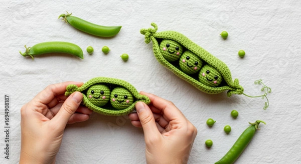 Fototapeta two hands hold a cute crocheted pea pod with a smiling face