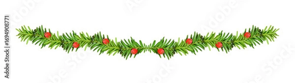 Fototapeta Christmas garland made of conifer branches.Green yew branches with red berries isolated on a white background. Design element for creating holiday compositions, collages, cards, invitations, patterns.