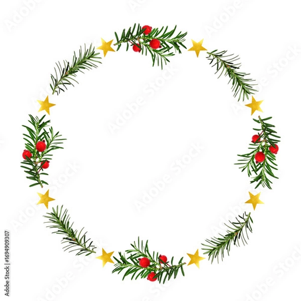 Fototapeta Round Christmas holiday frame with conifer branches, red decorative berries, and gold stars. Winter festive wreath for greeting cards, invitations, collages.