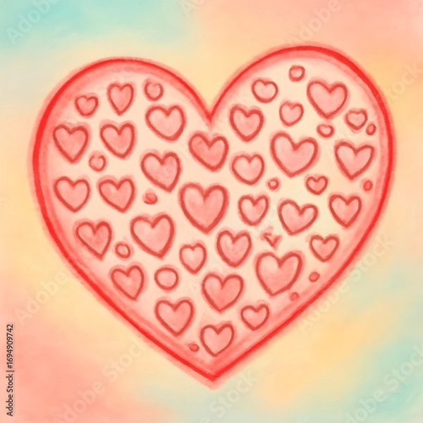 Obraz Watercolor art featuring a large red heart adorned with many smaller hearts, presented on a soft, blended pastel background, perfect for themes of love, romance, and affection