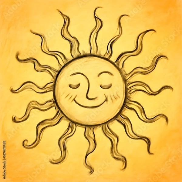 Obraz Cheerful golden sun illustration, softly smiling with closed eyes, radiating warmth and happiness. A hand-drawn symbol of positive energy and bright, joyful days