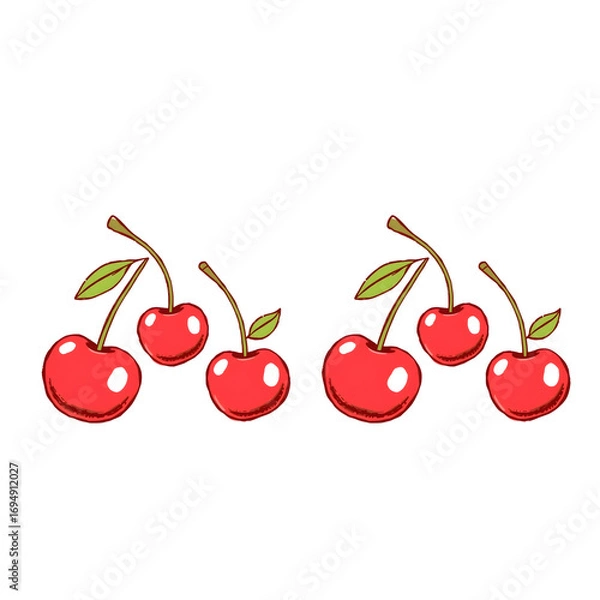 Fototapeta A charming hand-drawn illustration set of two groups of vibrant red cherries with green leaves and stems, isolated on a clean white background for design
