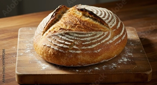 Fototapeta Close up of a loaf of freshly baked sourdough bread on a wooden cutting board in soft lighting