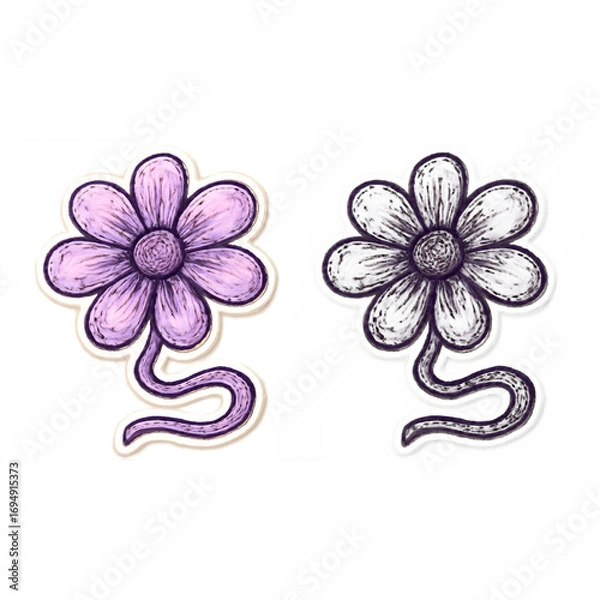 Fototapeta A set of hand-drawn flower stickers, featuring a purple version and a black and white monochrome outline. Cute floral doodle illustration with a sketchy texture, isolated vector elements