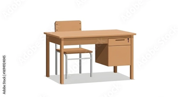 Fototapeta Minimalist wooden desk and chair illustration, a quiet and simple setting for education, office work, or personal projects