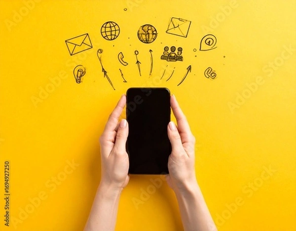 Fototapeta Hands holding a phone with marketing and social media icons spreading out.