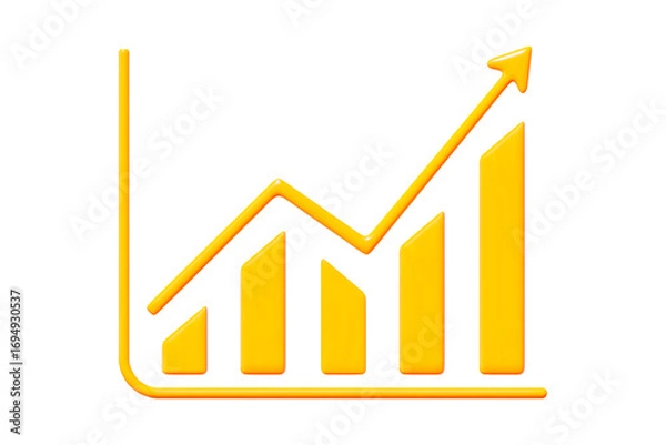Fototapeta 3d yellow growth stock chart up statistics, asset growth over time. Positive trend. The growth of the world economy. Stock vector illustration on isolated background.	