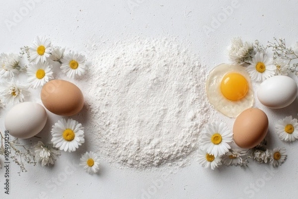 Fototapeta Flour, eggs, and flowers on a light background (1)