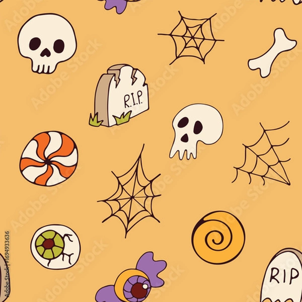 Fototapeta Seamless Halloween pattern with skulls, graves, web and sweets. Traditional Halloween images. Wrapping paper, background, wallpaper, poster. Vector illustration for Halloween holiday