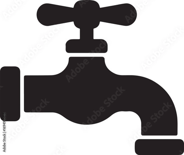 Fototapeta Isolated black vector tap faucet icon, black silhouette water supply, plumbing tool, black vector faucet, editable line art, isolated on transparent background