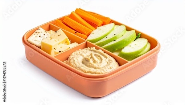 Obraz Healthy Snack Box with Hummus, Cheese, Carrots, and Apple Slices