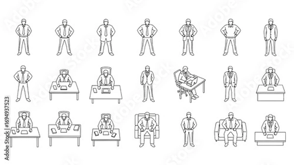 Fototapeta Top View People Silhouettes | Executives Standing and Sitting, Worker CAD Line Vector Illustration