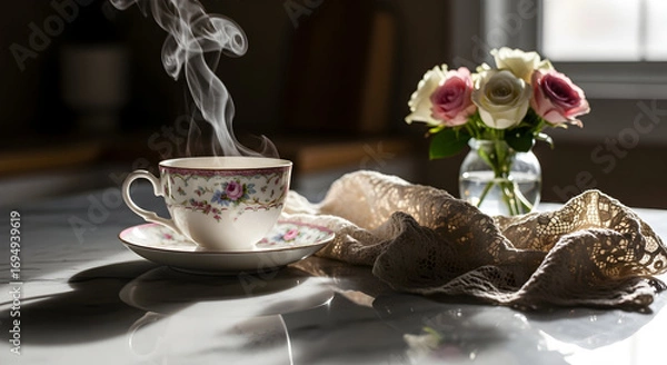 Fototapeta A steaming cup of tea with roses and sunlight on the table for a peaceful moment