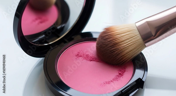 Obraz Applying pink blush makeup with a soft brush