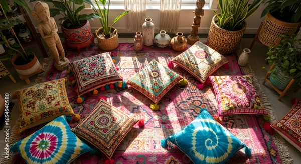 Fototapeta A vibrant living room decorated in a bohemian style with patterned cushions and plants