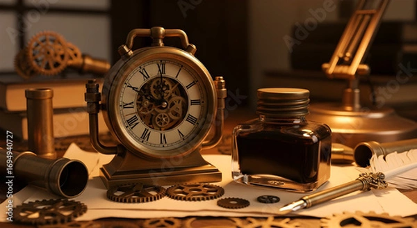 Fototapeta A vintage steampunk still life featuring a clock, inkwell, pen, and mechanical gears