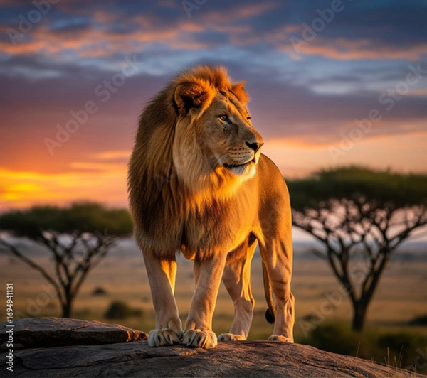 Obraz 
A regal male lion stands on a rock at sunset with acacia trees