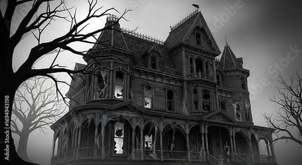 Obraz Monochrome image of a dilapidated victorian-style haunted house with bare trees