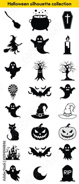 Fototapeta Set of halloween silhouette collection vector set. Spooky icons and symbols in a witches, ghosts, pumpkins, bats, cauldrons, tombstones, crescent moon and more. Black and white design.