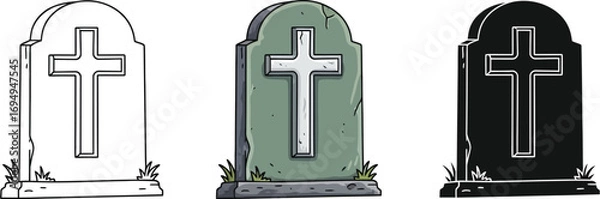Fototapeta Three tombstones in different styles outline, colorful, and silhouette for halloween designs