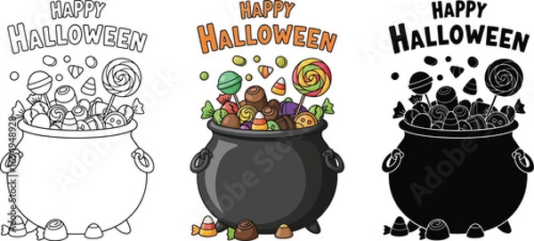 Fototapeta Happy halloween cauldron with candy, in outline, colorful and silhouette versions for your design