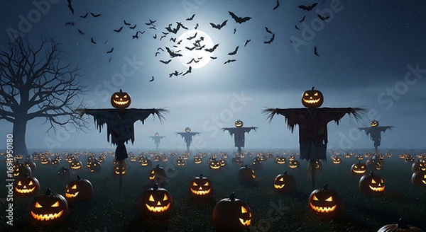 Fototapeta Halloween scene with pumpkin scarecrows, jack-o'-lanterns, bats, and full moon