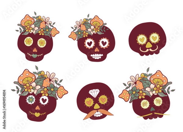 Fototapeta skull with flowers on its head isolated on a white background. Cute happy skull. Human. Flowers. Dance. Vector illustration.