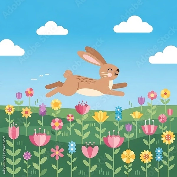Fototapeta Happy Rabbit Leaps Spring Meadow.
