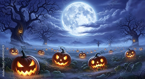 Fototapeta Halloween night scene with jack-o'-lanterns, full moon, and spooky trees