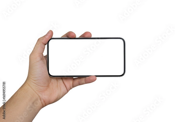 Fototapeta Human hand holding a modern smartphone horizontally with a blank white screen isolated on transparent background