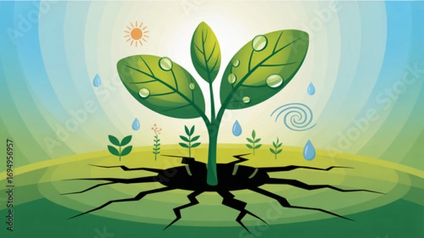 Fototapeta Illustration of a plant growing through cracked earth, symbolizing resilience, hope, and the power of nature to overcome adversity and environmental challenges