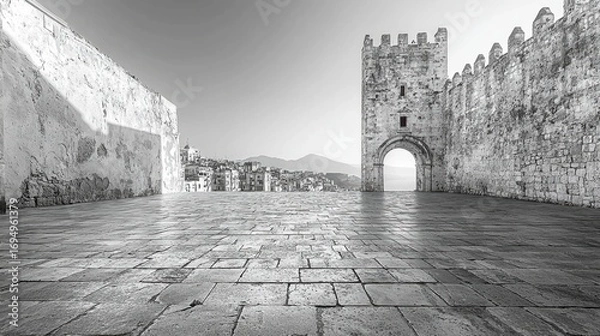 Fototapeta Historic Stone Fortress with Mountain View and Clear Sky Background