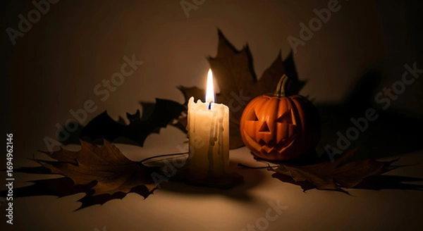 Fototapeta Halloween still life with candle, jack-o'-lantern, and autumn leaves