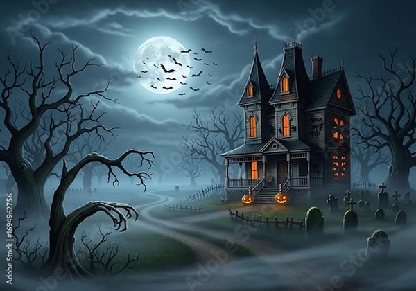 Fototapeta Spooky haunted house scene with full moon and bats