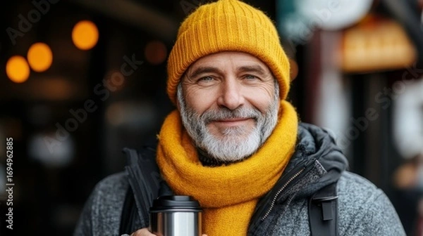 Fototapeta Smiling man in winter clothing with coffee cup in cozy cafe setting