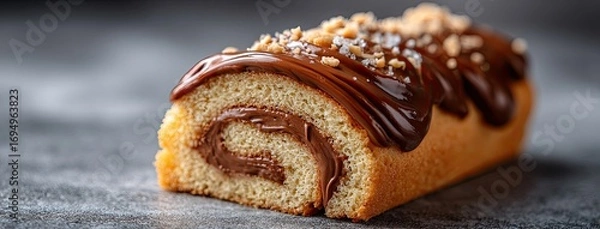 Fototapeta A close-up view of a homemade Swiss roll cake with chocolate cream, highlighted by soft lighting and a warm, inviting texture