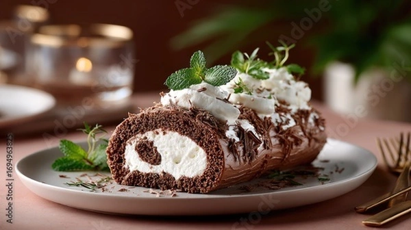 Fototapeta A close-up view of a homemade Swiss roll cake with chocolate cream, highlighted by soft lighting and a warm, inviting texture