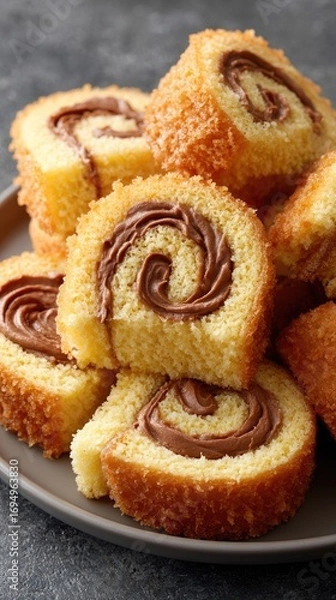 Fototapeta A close-up view of a homemade Swiss roll cake with chocolate cream, highlighted by soft lighting and a warm, inviting texture