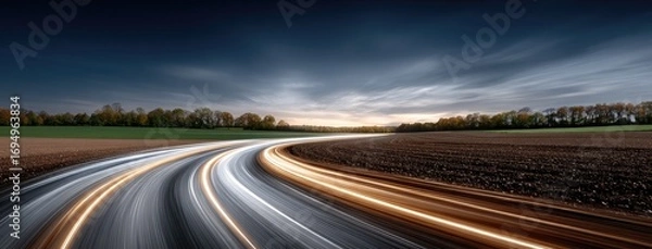 Fototapeta Wheels of a tractor glide through dark soil, leaving bright trails of light as the sun sets, showcasing the beauty of farmland
