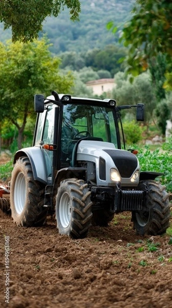 Fototapeta Wheels of a tractor glide through dark soil, leaving bright trails of light as the sun sets, showcasing the beauty of farmland