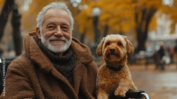 Fototapeta Senior Man Smiling with Adorable Dog in Autumn Park Scene