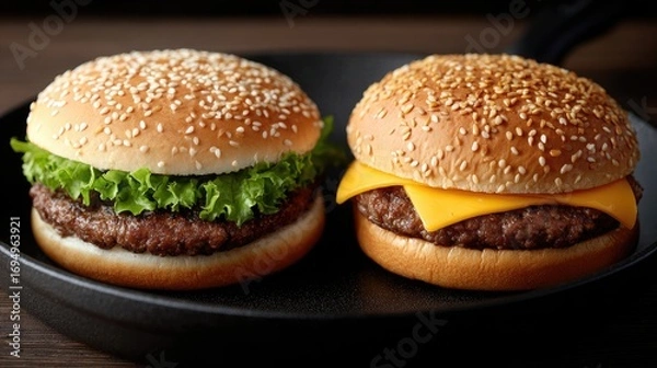 Fototapeta Two succulent beef cheeseburgers with melted cheese and fresh lettuce sit invitingly in a cast-iron pan, ready to enjoy