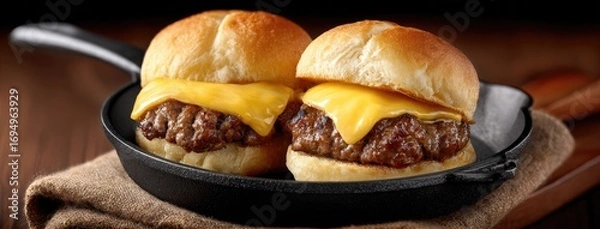 Fototapeta Two succulent beef cheeseburgers with melted cheese and fresh lettuce sit invitingly in a cast-iron pan, ready to enjoy