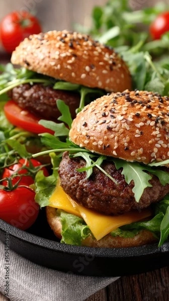 Fototapeta Two succulent beef cheeseburgers with melted cheese and fresh lettuce sit invitingly in a cast-iron pan, ready to enjoy