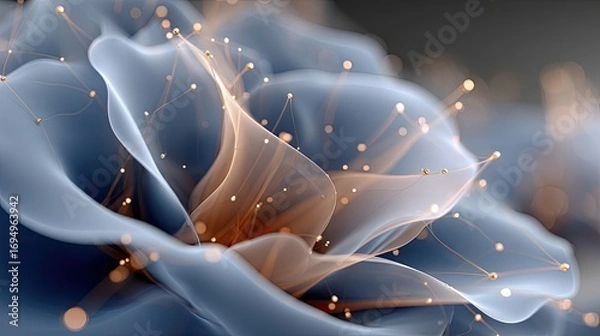 Fototapeta Blooming rose crafted from glowing particles showcases translucent petals, exuding a fantasy aesthetic in a darkly lit environment