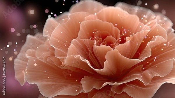 Fototapeta Blooming rose crafted from glowing particles showcases translucent petals, exuding a fantasy aesthetic in a darkly lit environment