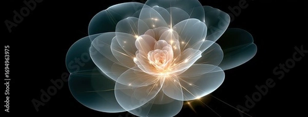 Fototapeta Blooming rose crafted from glowing particles showcases translucent petals, exuding a fantasy aesthetic in a darkly lit environment.